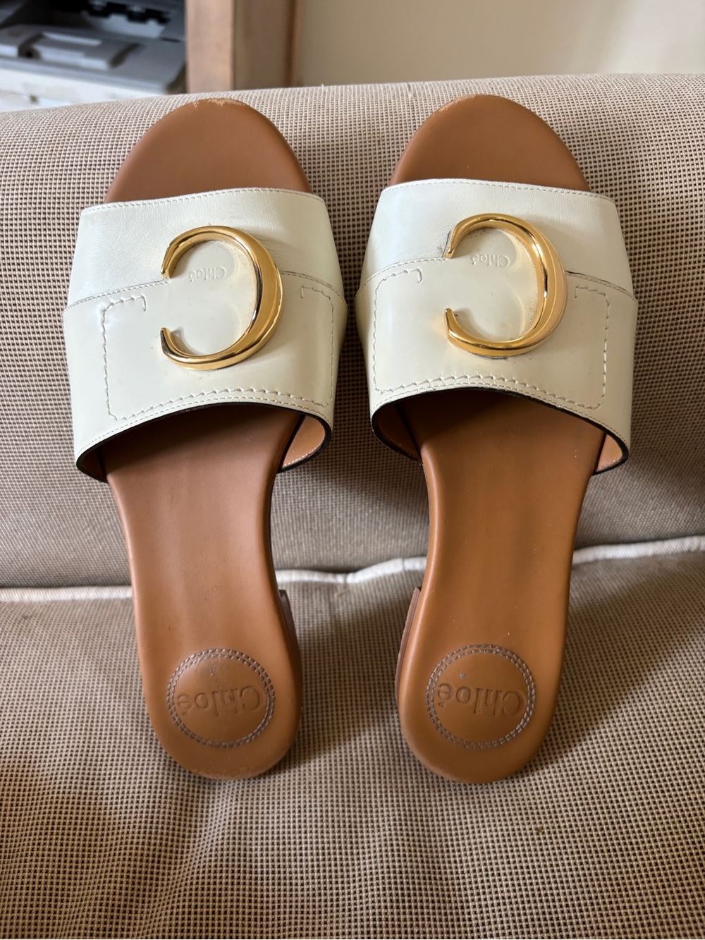Chloe White Leather Slide Sandals with Gold C Hardware